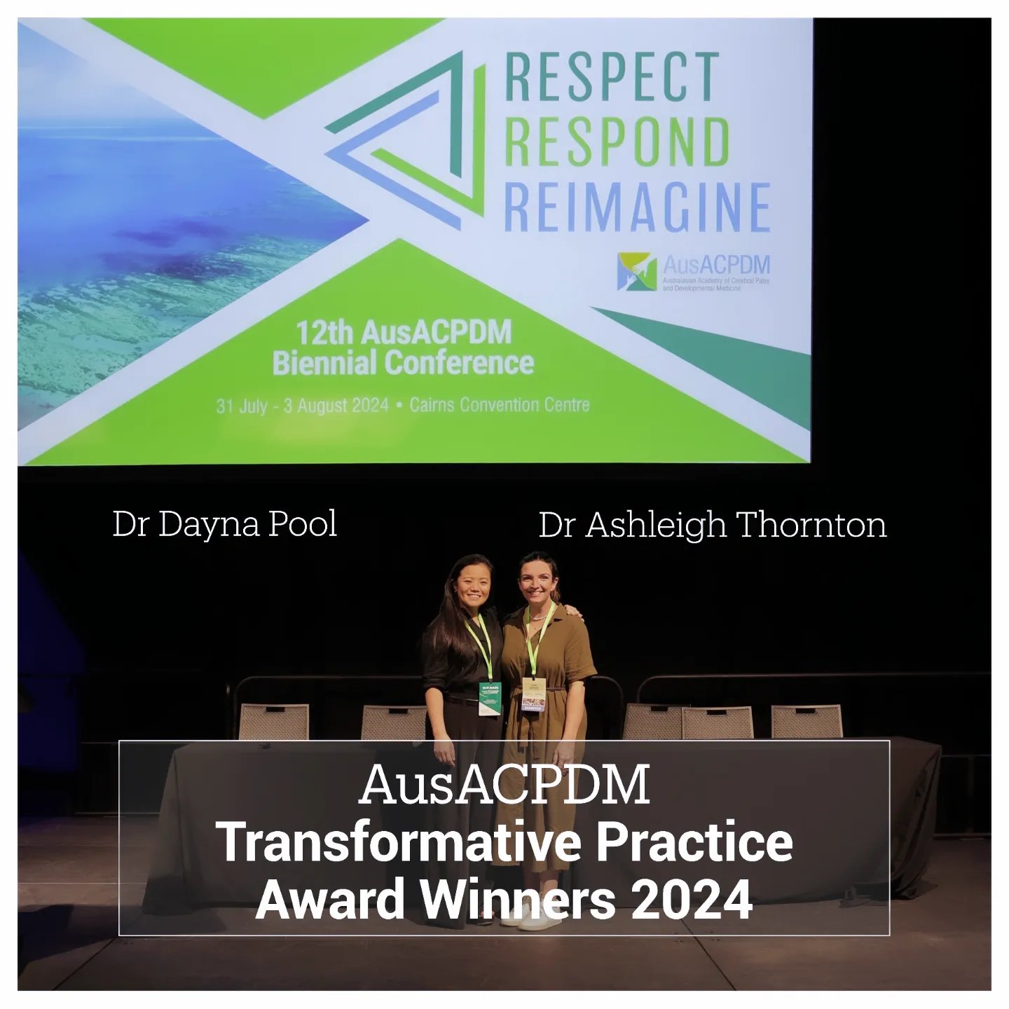 Dr Dayna Pool and Dr Ashleigh Thornton receiving Transformative Practice Award 2024